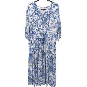 Calessa Dress Women XL Blue Floral Maxi Elastic Waist Flutter Sleeve Tiered Boho